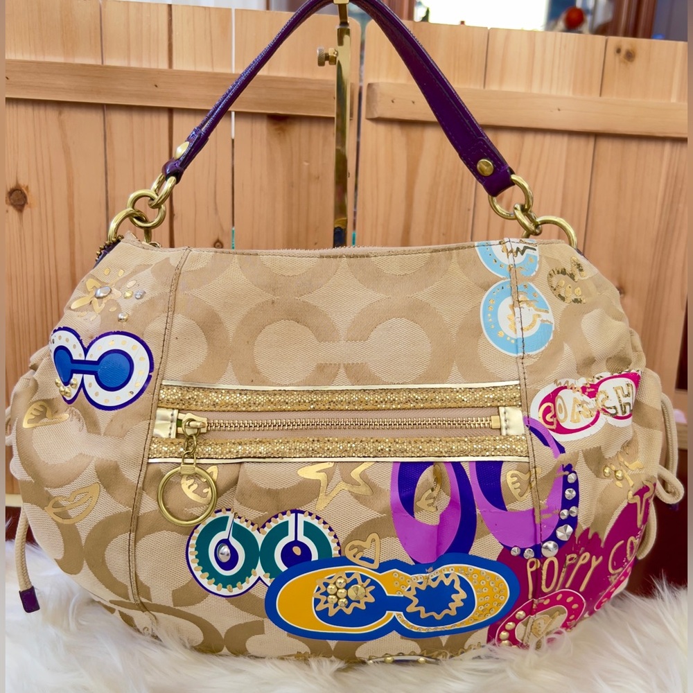 💜Coach Poppy Multicolor Signature Hobo Bag with Gold/Purple Color Handle
